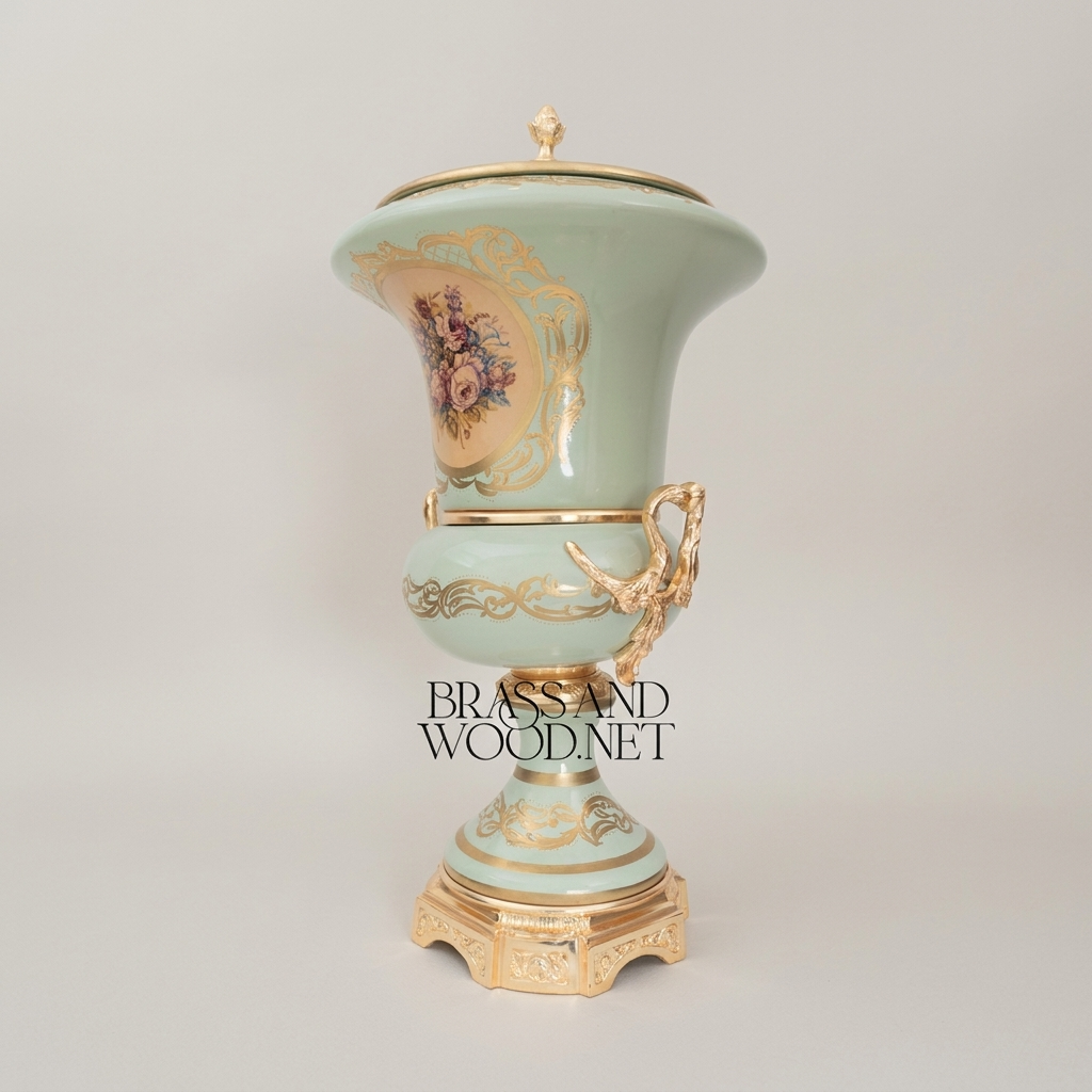 Rococo Celadon Ceramic Lidded Urn Vase with Hand-Painted Floral Cartouche