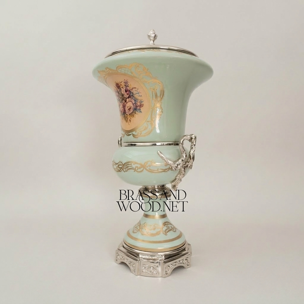 Rococo Celadon Ceramic Lidded Urn Vase with Hand-Painted Floral Cartouche — Silver