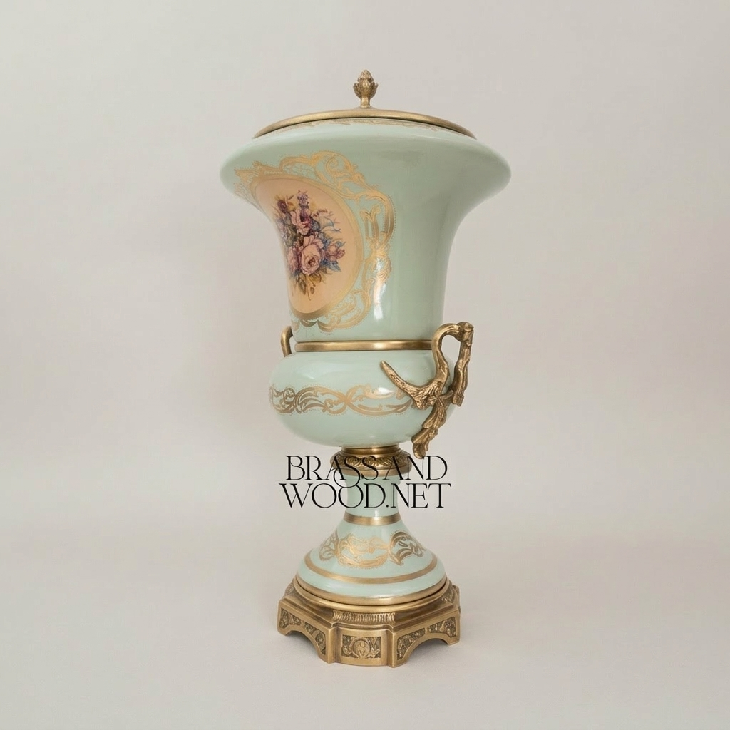 Rococo Celadon Ceramic Lidded Urn Vase with Hand-Painted Floral Cartouche — Antique Gold