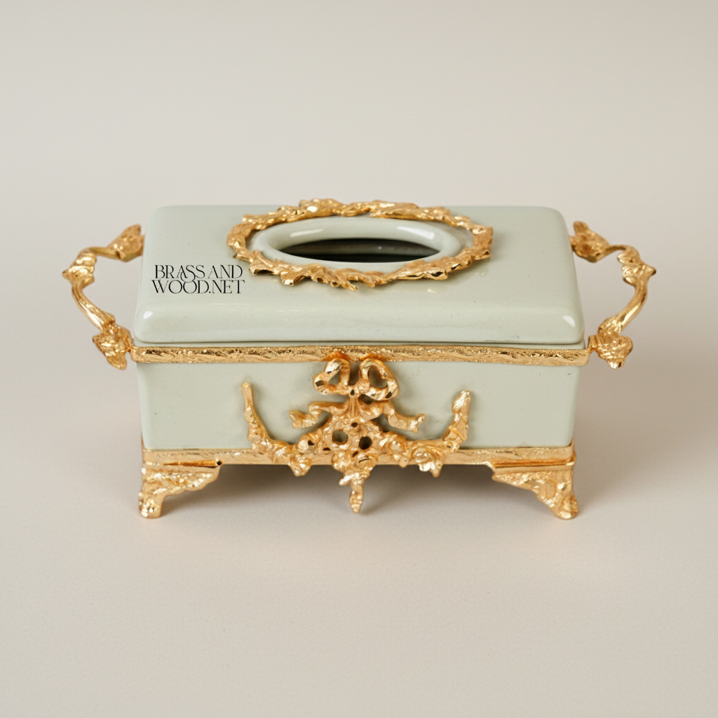 Rococo Celadon Ceramic Tissue Box with Ornate Metal Frame & Scroll Feet — Gold
