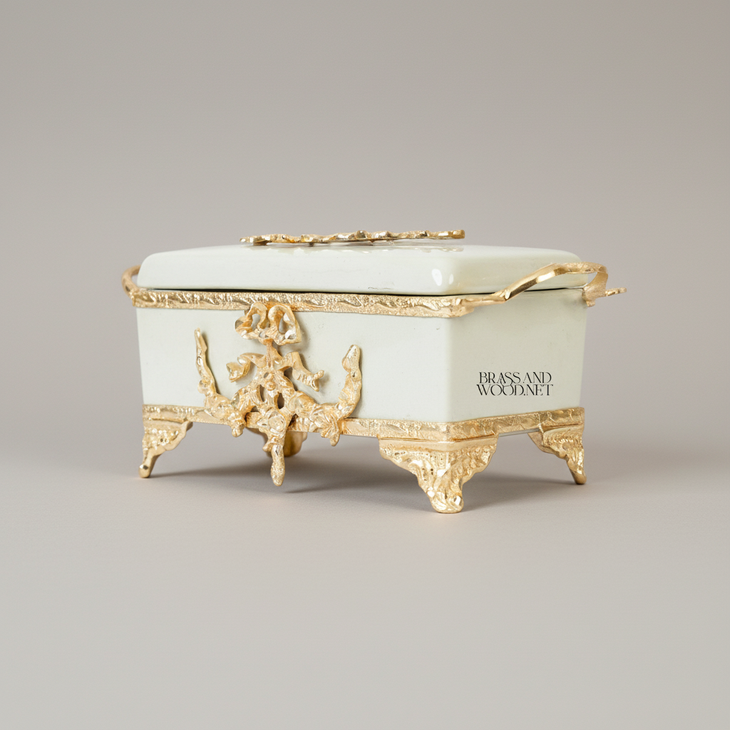 Rococo Celadon Ceramic Tissue Box with Ornate Metal Frame & Scroll Feet — Gold