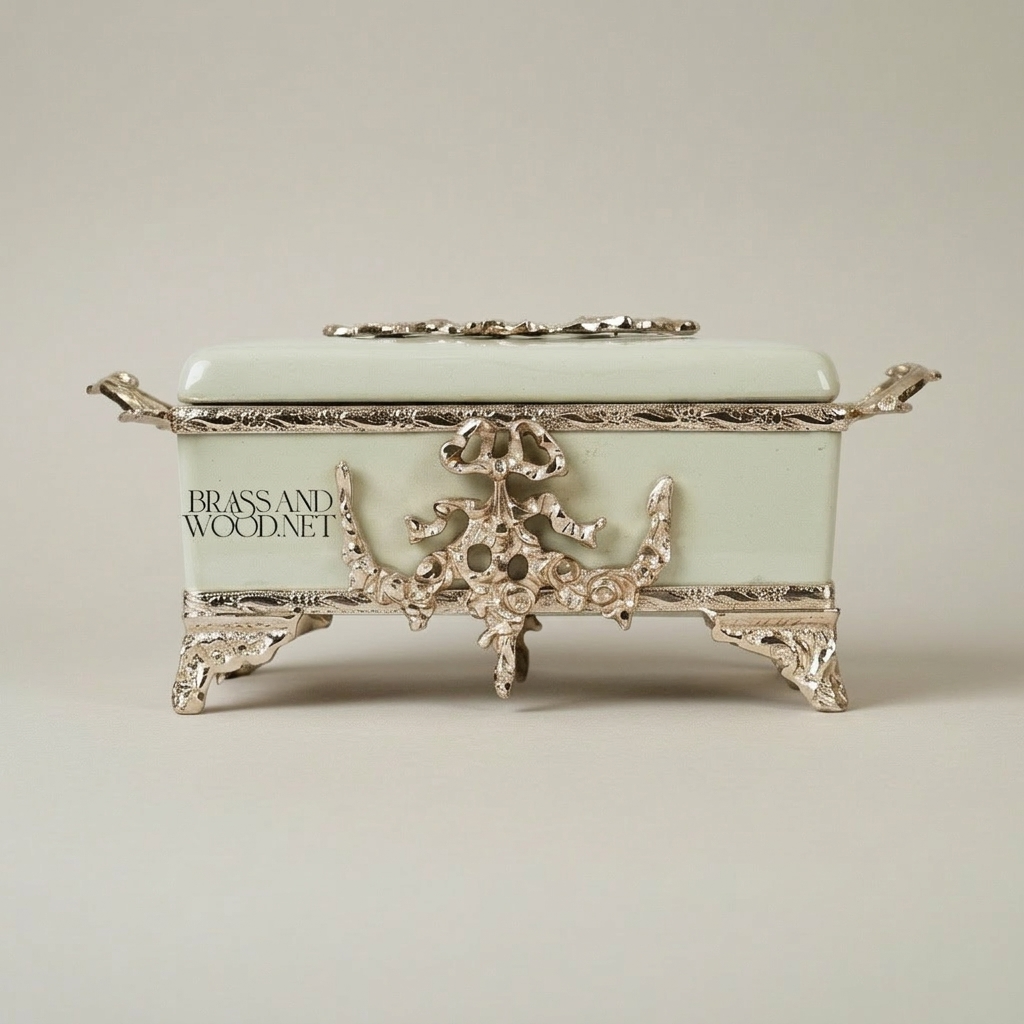 Rococo Celadon Ceramic Tissue Box with Ornate Metal Frame & Scroll Feet — Silver