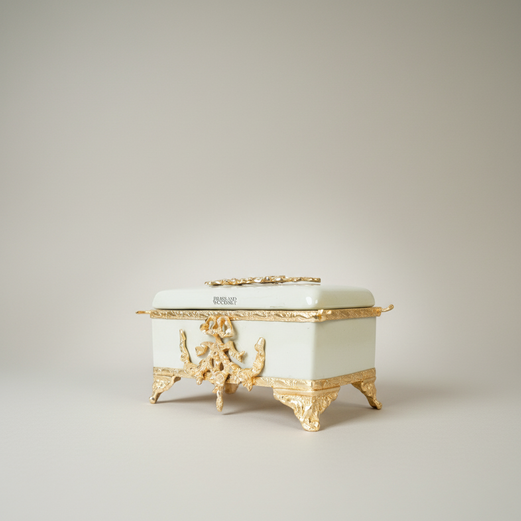 Rococo Celadon Ceramic Tissue Box with Ornate Metal Frame & Scroll Feet — Gold