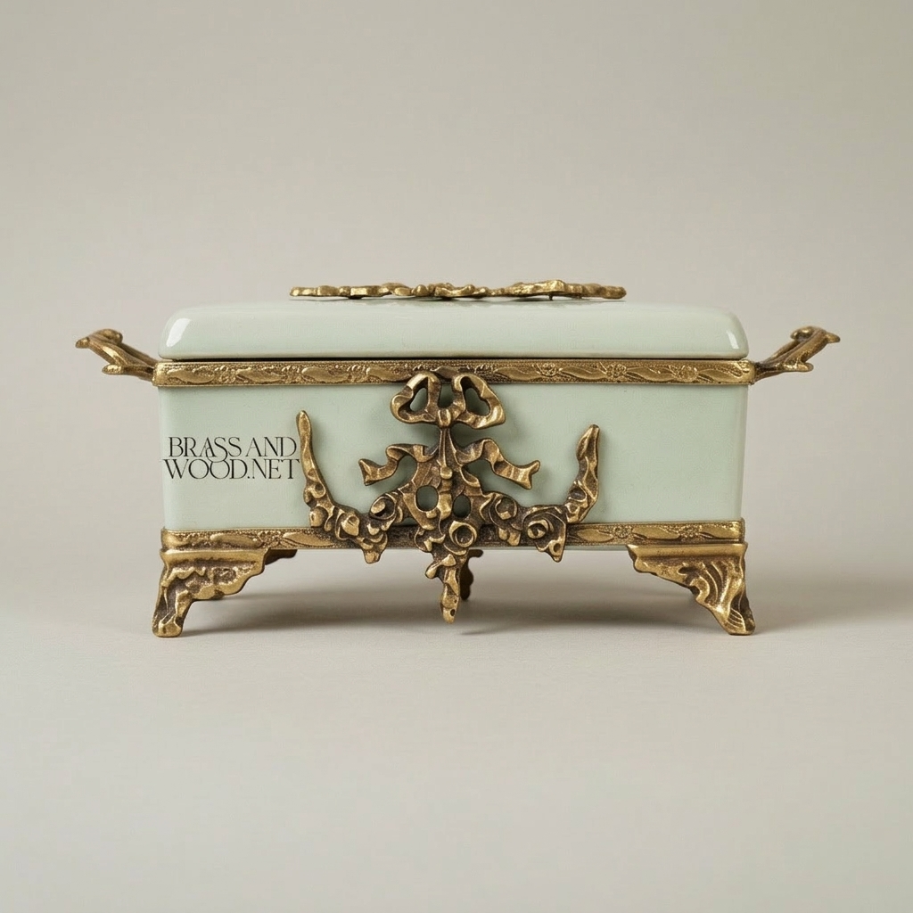 Rococo Celadon Ceramic Tissue Box with Ornate Metal Frame & Scroll Feet — Antique Gold