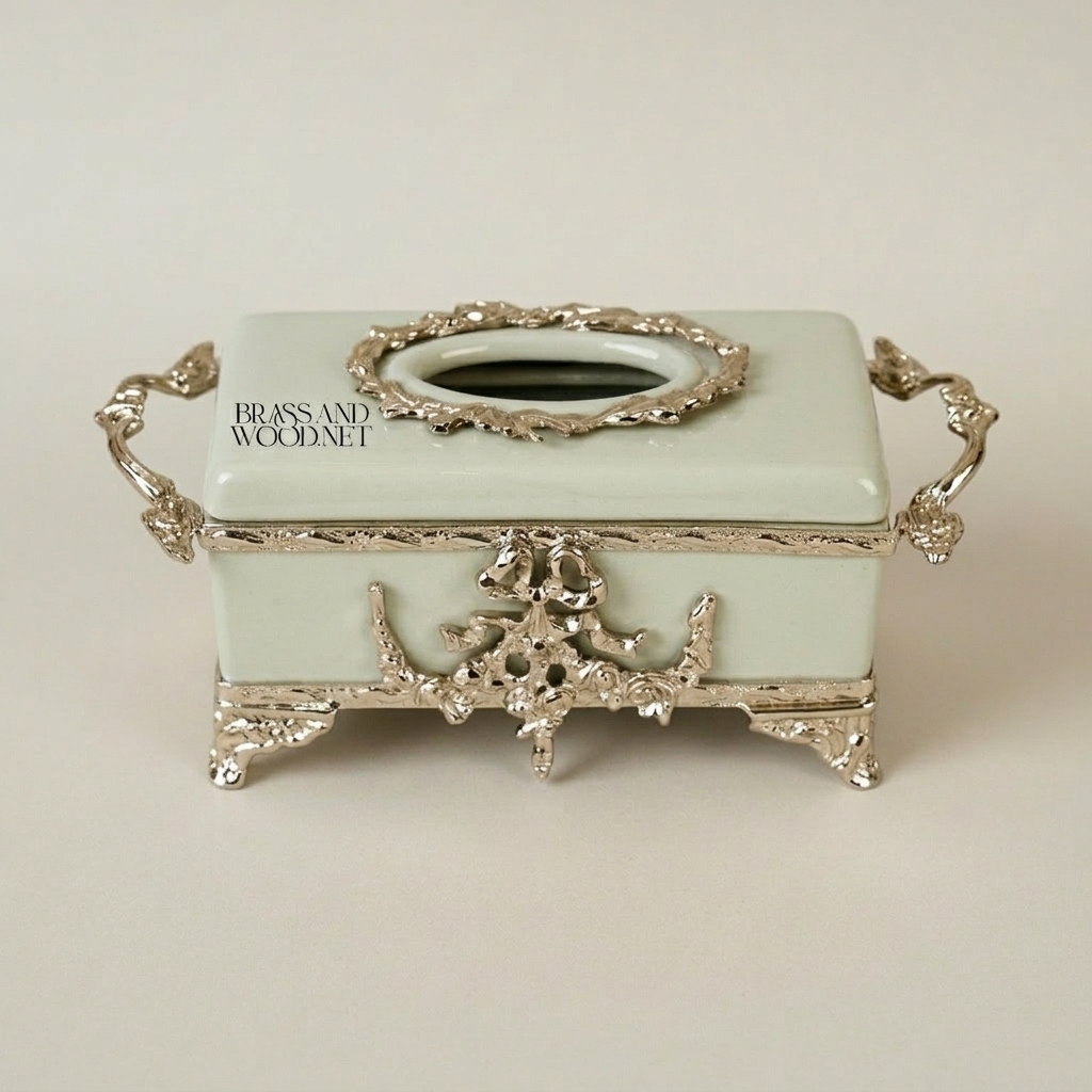Rococo Celadon Ceramic Tissue Box with Ornate Metal Frame & Scroll Feet