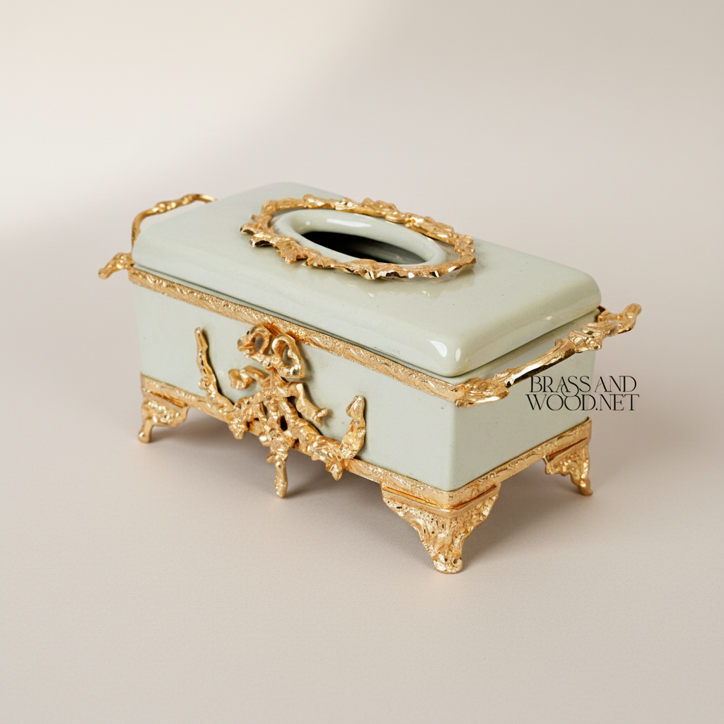 Rococo Celadon Ceramic Tissue Box with Ornate Metal Frame & Scroll Feet — Gold
