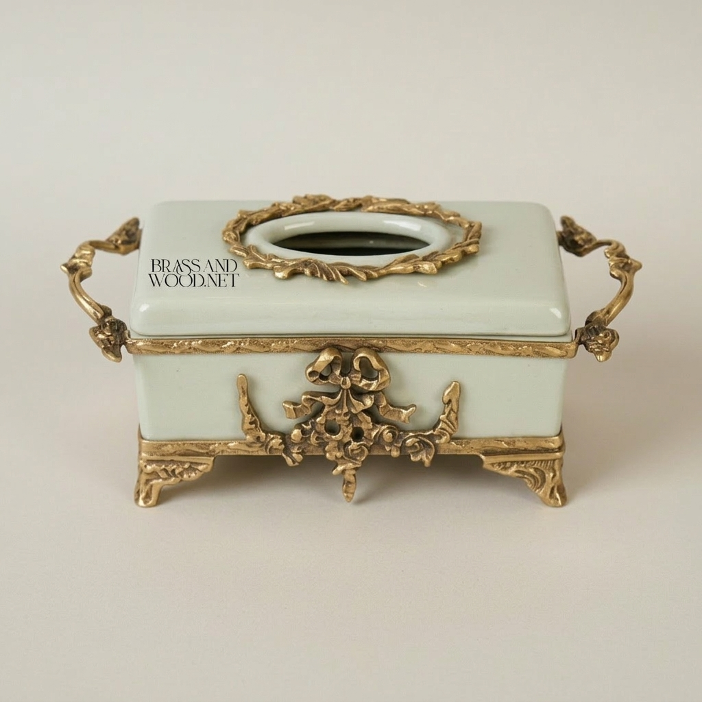 Rococo Celadon Ceramic Tissue Box with Ornate Metal Frame & Scroll Feet — Antique Gold