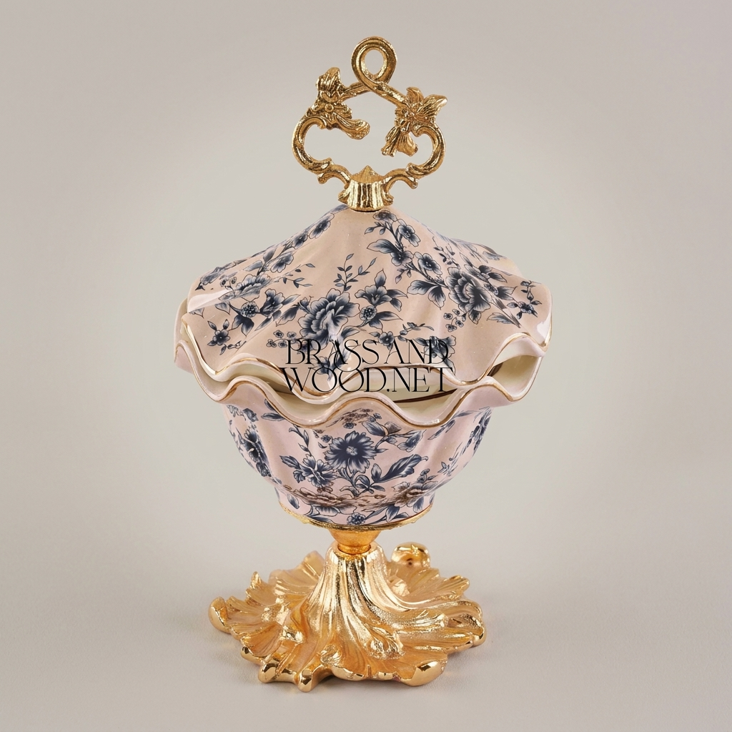 Rococo Ceramic Bonbonniere with Scalloped Lid & Botanical Motifs — Gold