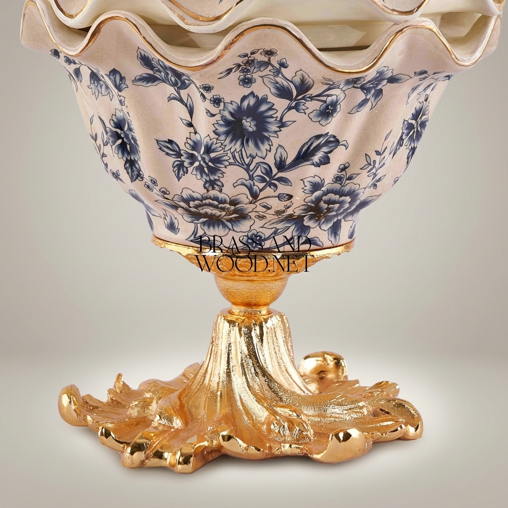 Rococo Ceramic Bonbonniere with Scalloped Lid & Botanical Motifs — Gold