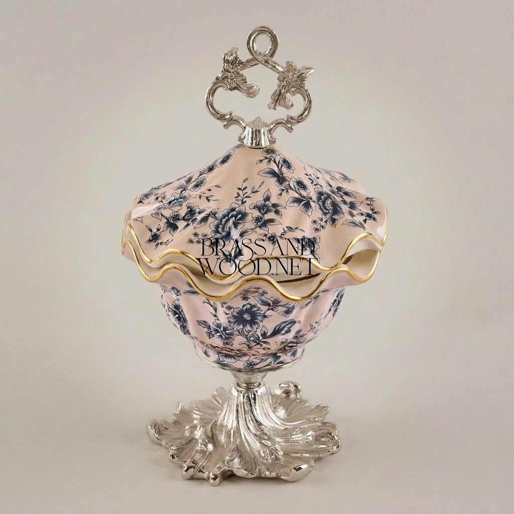 Rococo Ceramic Bonbonniere with Scalloped Lid & Botanical Motifs — Silver