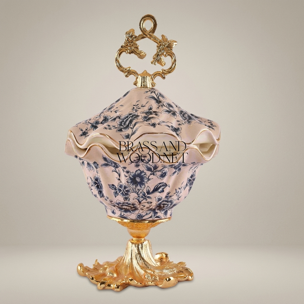 Rococo Ceramic Bonbonniere with Scalloped Lid & Botanical Motifs — Gold