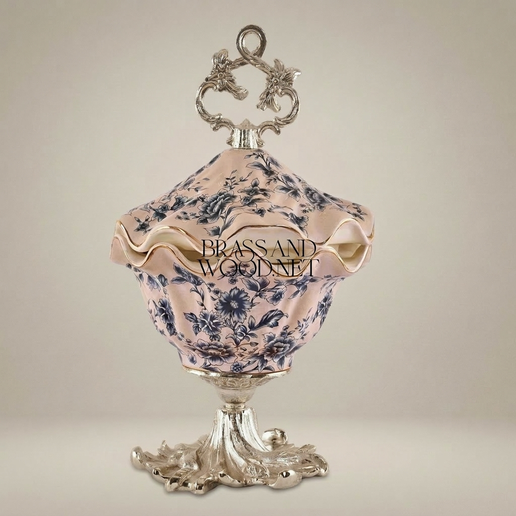 Rococo Ceramic Bonbonniere with Scalloped Lid & Botanical Motifs — Silver