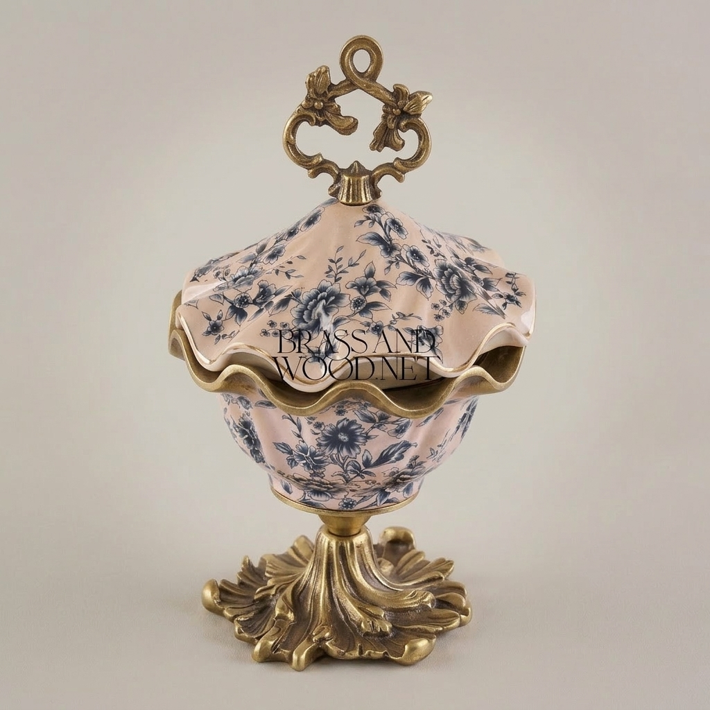 Rococo Ceramic Bonbonniere with Scalloped Lid & Botanical Motifs — Antique Gold