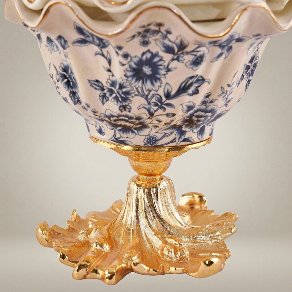 Rococo Ceramic Bonbonniere with Scalloped Lid & Botanical Motifs — Gold