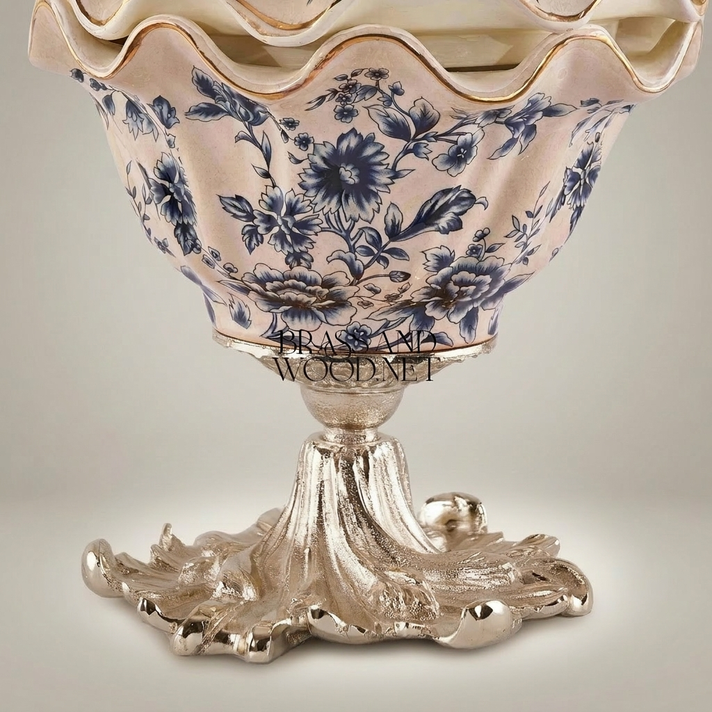 Rococo Ceramic Bonbonniere with Scalloped Lid & Botanical Motifs — Silver