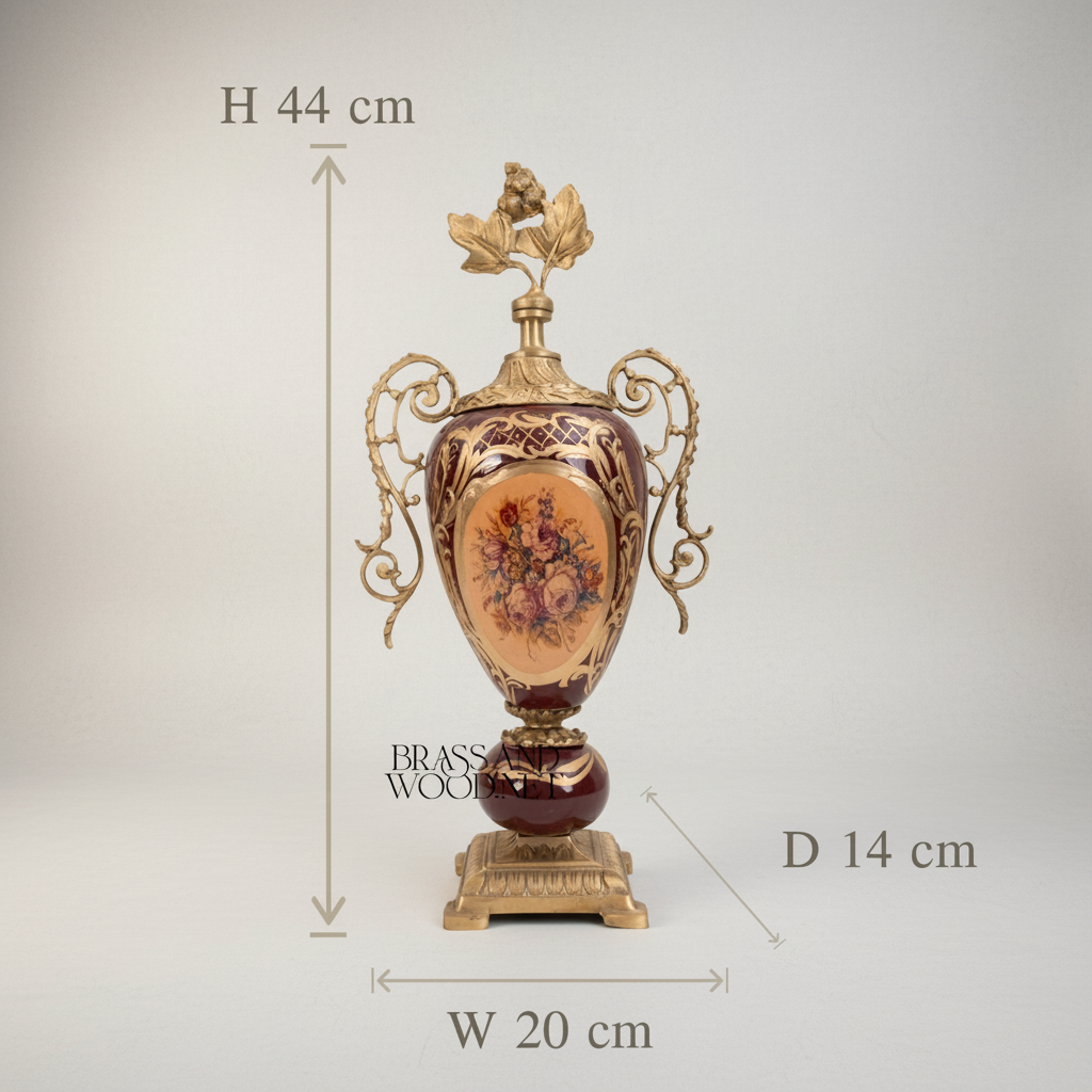 Rococo Ceramic & Brass 3-Piece Garniture Set — Burgundy Floral Urn Vases with Gilded Ormolu Mounts — Antique Gold