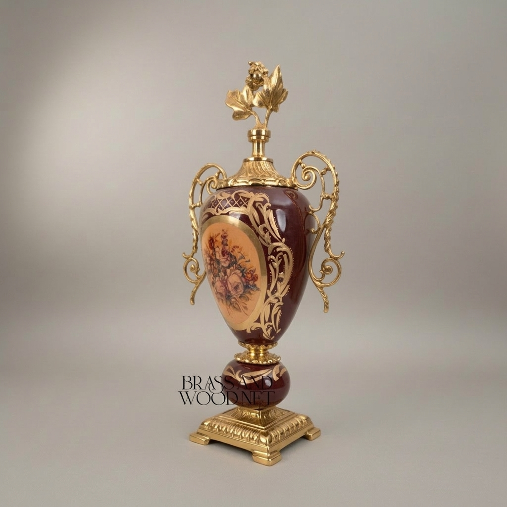 Rococo Ceramic & Brass 3-Piece Garniture Set — Burgundy Floral Urn Vases with Gilded Ormolu Mounts — Gold
