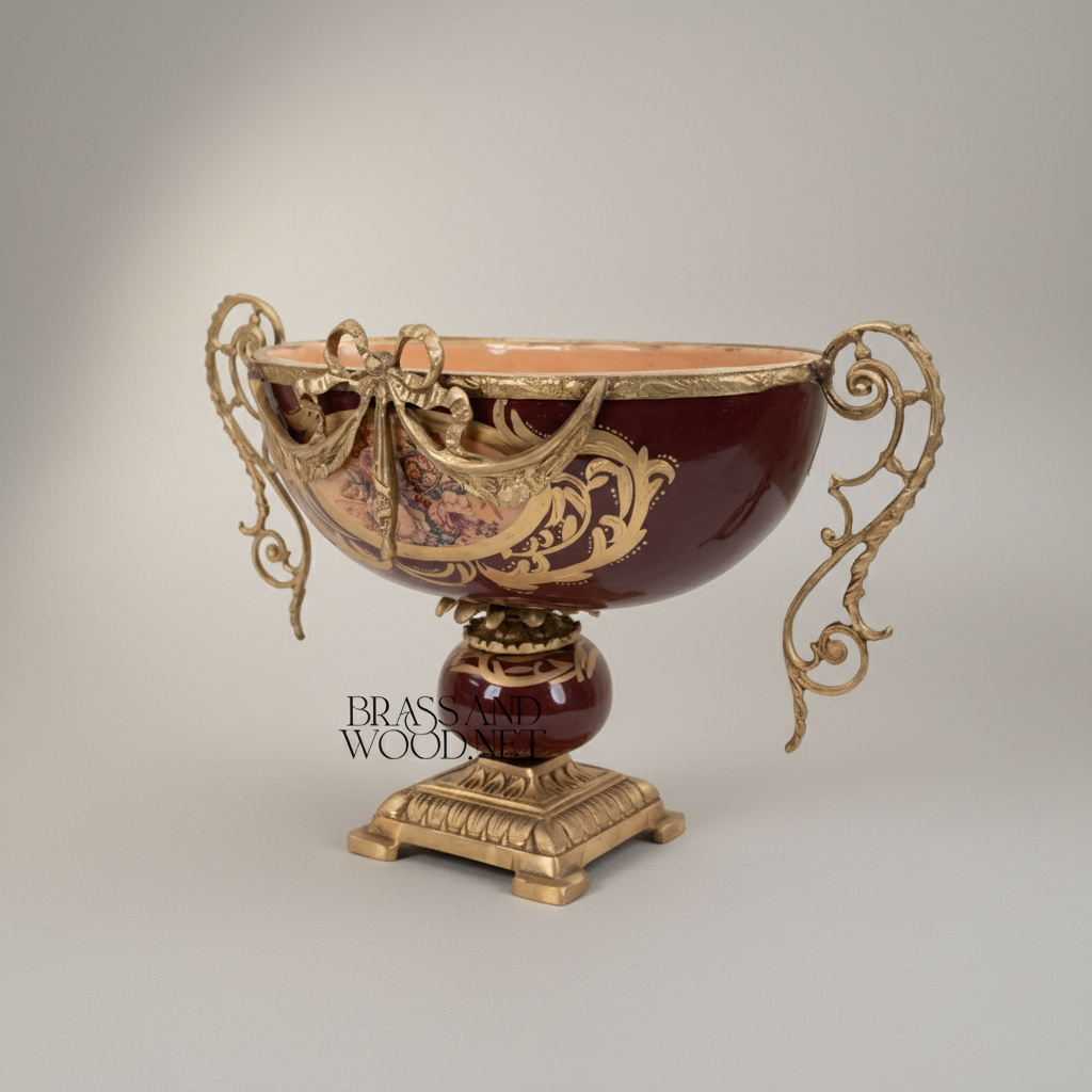 Rococo Ceramic & Brass 3-Piece Garniture Set — Burgundy Floral Urn Vases with Gilded Ormolu Mounts — Antique Gold