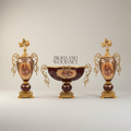 Rococo Ceramic & Brass 3-Piece Garniture Set — Burgundy Floral Urn Vases with Gilded Ormolu Mounts — Gold
