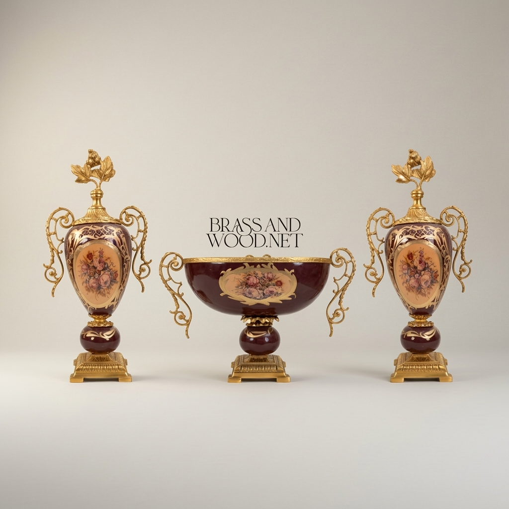 Rococo Ceramic & Brass 3-Piece Garniture Set — Burgundy Floral Urn Vases with Gilded Ormolu Mounts — Gold