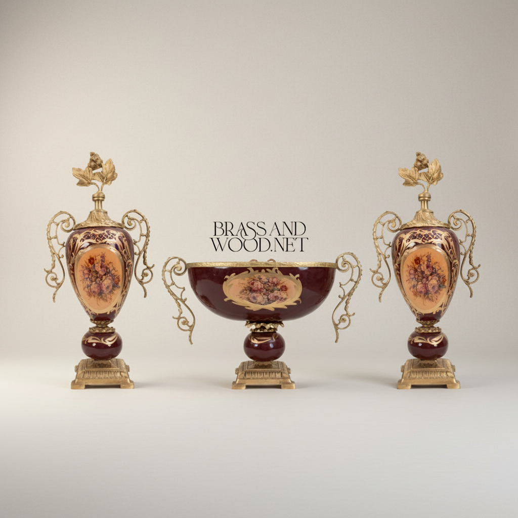 Rococo Ceramic & Brass 3-Piece Garniture Set — Burgundy Floral Urn Vases with Gilded Ormolu Mounts — Antique Gold