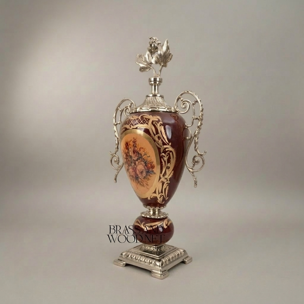 Rococo Ceramic & Brass 3-Piece Garniture Set — Burgundy Floral Urn Vases with Gilded Ormolu Mounts — Silver