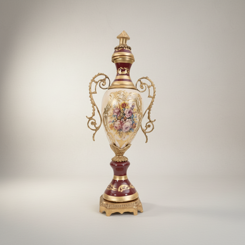 Rococo Ceramic & Brass 3-Piece Garniture Set — Hand-Painted Floral Urns & Centrepiece Bowl — Antique Gold