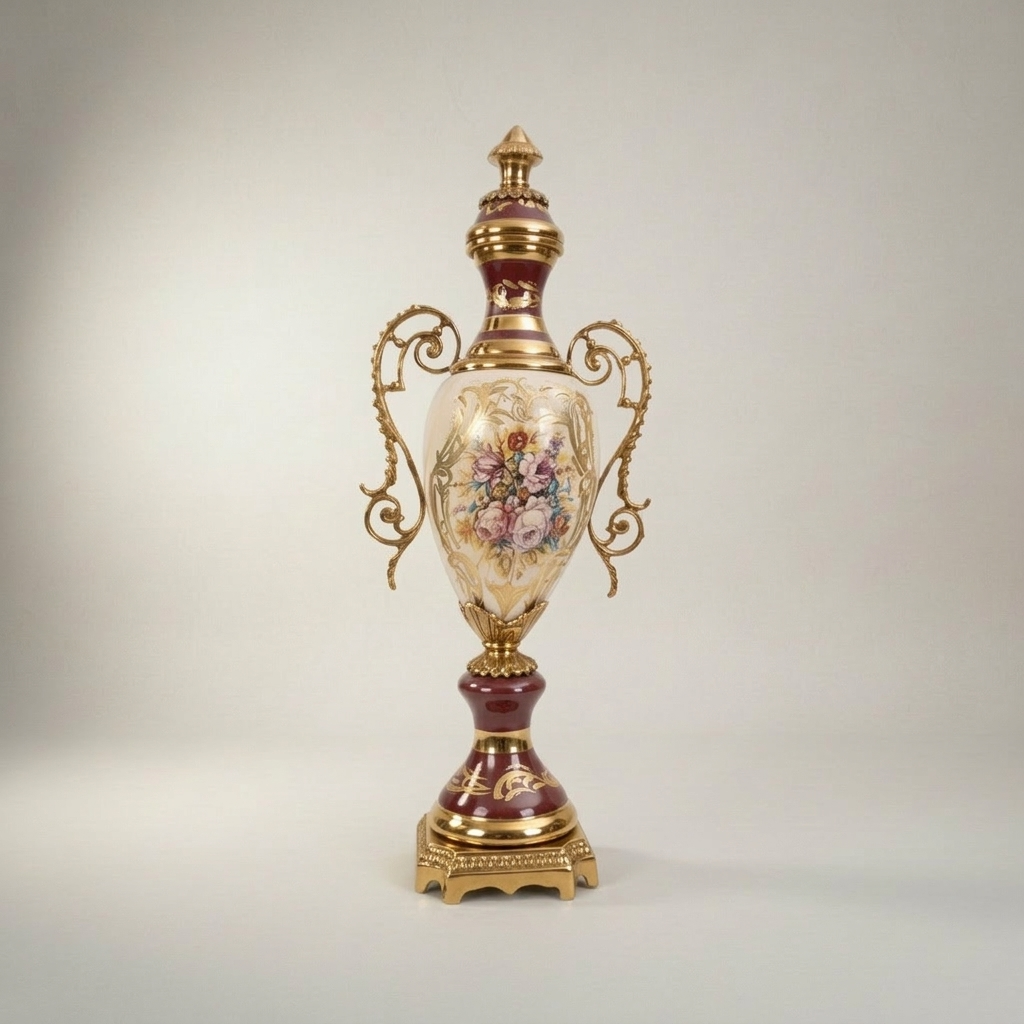 Rococo Ceramic & Brass 3-Piece Garniture Set — Hand-Painted Floral Urns & Centrepiece Bowl — Gold