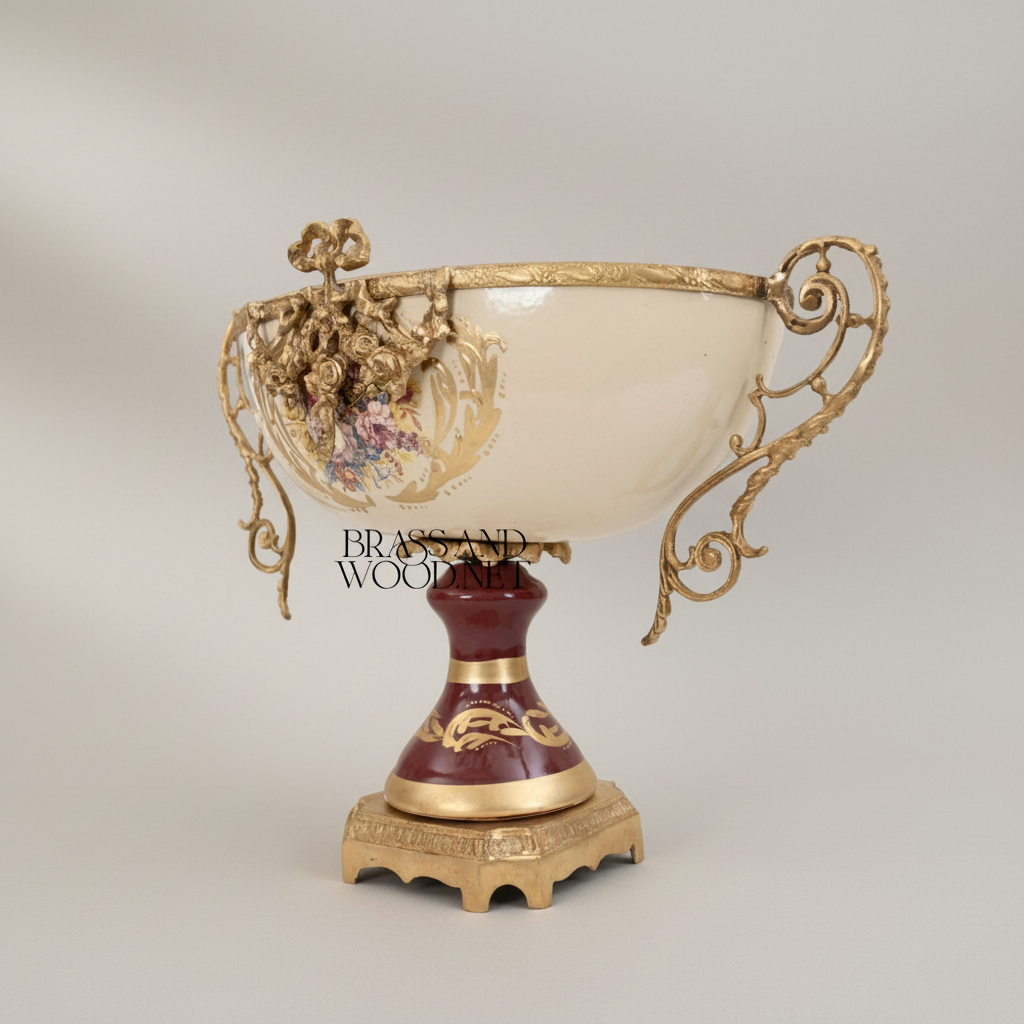 Rococo Ceramic & Brass 3-Piece Garniture Set — Hand-Painted Floral Urns & Centrepiece Bowl — Antique Gold