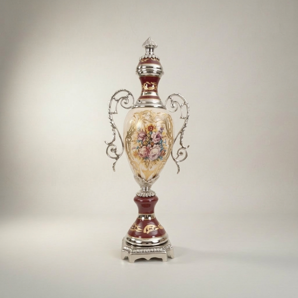 Rococo Ceramic & Brass 3-Piece Garniture Set — Hand-Painted Floral Urns & Centrepiece Bowl — Silver