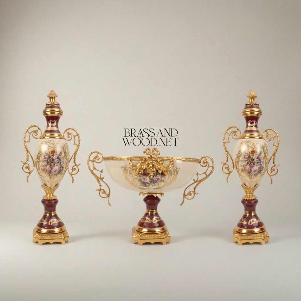 Rococo Ceramic & Brass 3-Piece Garniture Set — Hand-Painted Floral Urns & Centrepiece Bowl — Gold