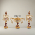 Rococo Ceramic & Brass 3-Piece Garniture Set — Hand-Painted Floral Urns & Centrepiece Bowl — Gold