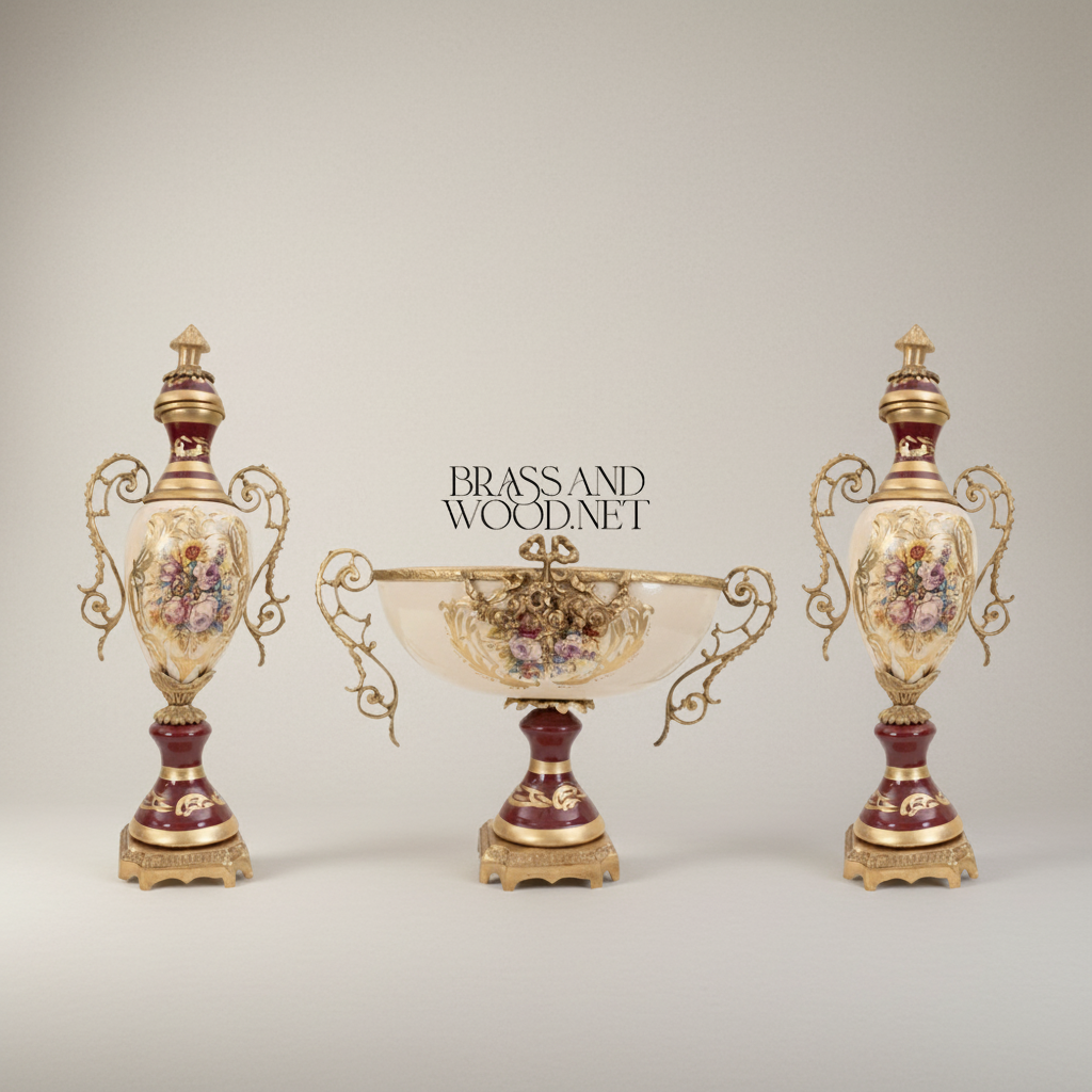 Rococo Ceramic & Brass 3-Piece Garniture Set — Hand-Painted Floral Urns & Centrepiece Bowl — Antique Gold