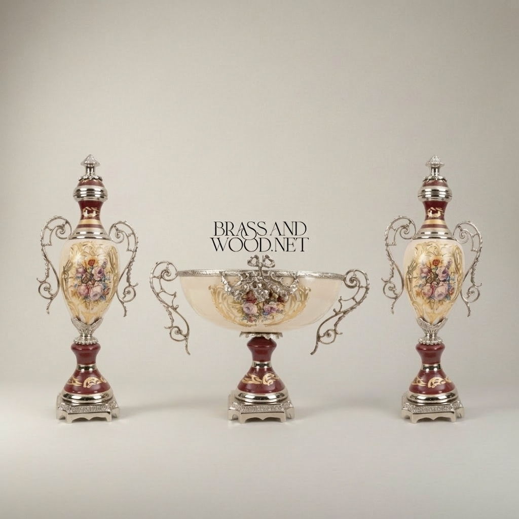 Rococo Ceramic & Brass 3-Piece Garniture Set — Hand-Painted Floral Urns & Centrepiece Bowl — Silver