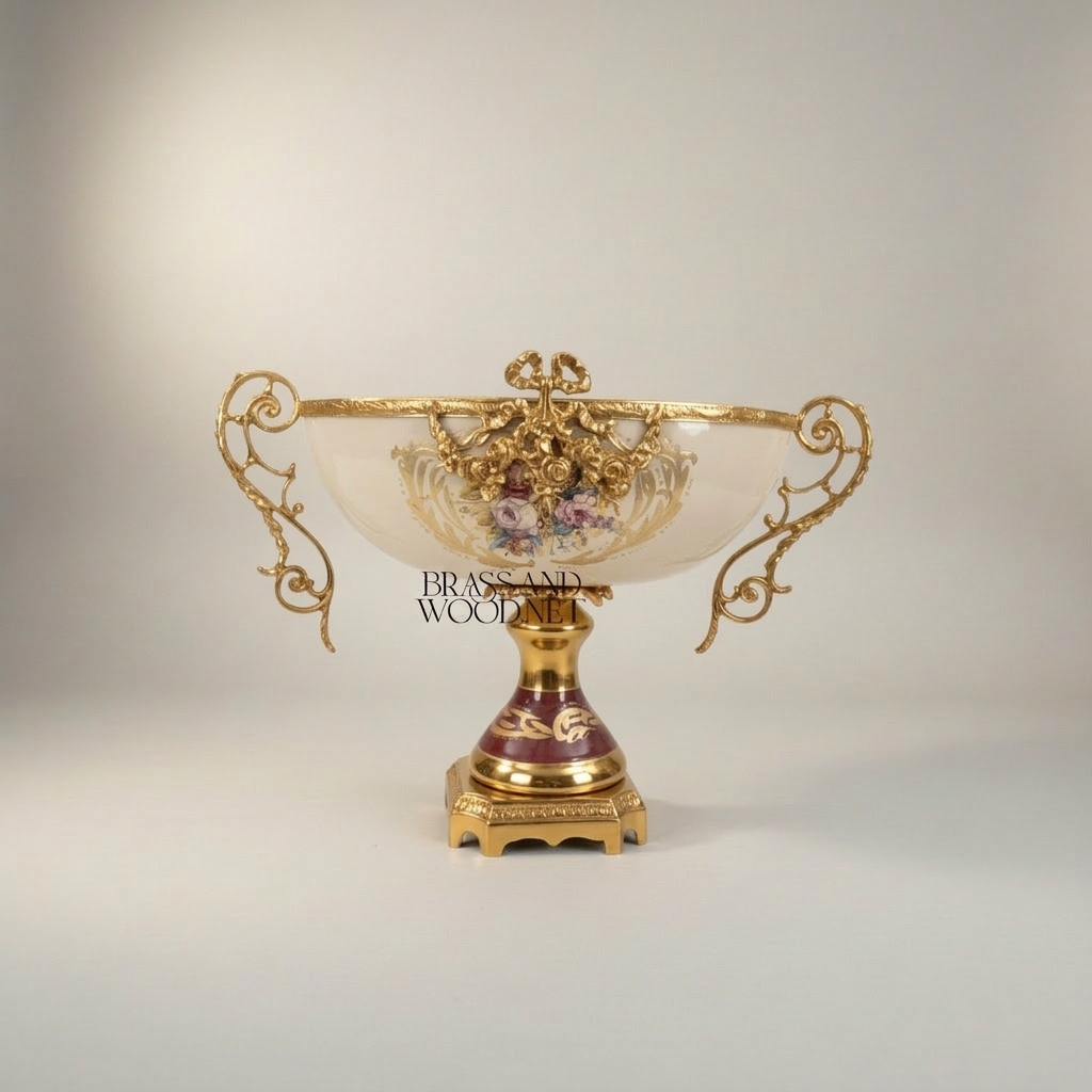 Rococo Ceramic & Brass 3-Piece Garniture Set — Hand-Painted Floral Urns & Centrepiece Bowl — Gold