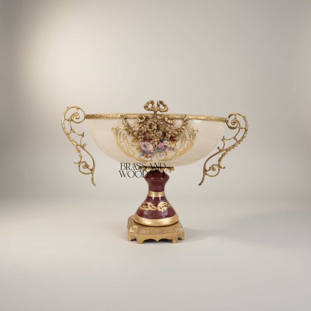 Rococo Ceramic & Brass 3-Piece Garniture Set — Hand-Painted Floral Urns & Centrepiece Bowl — Antique Gold