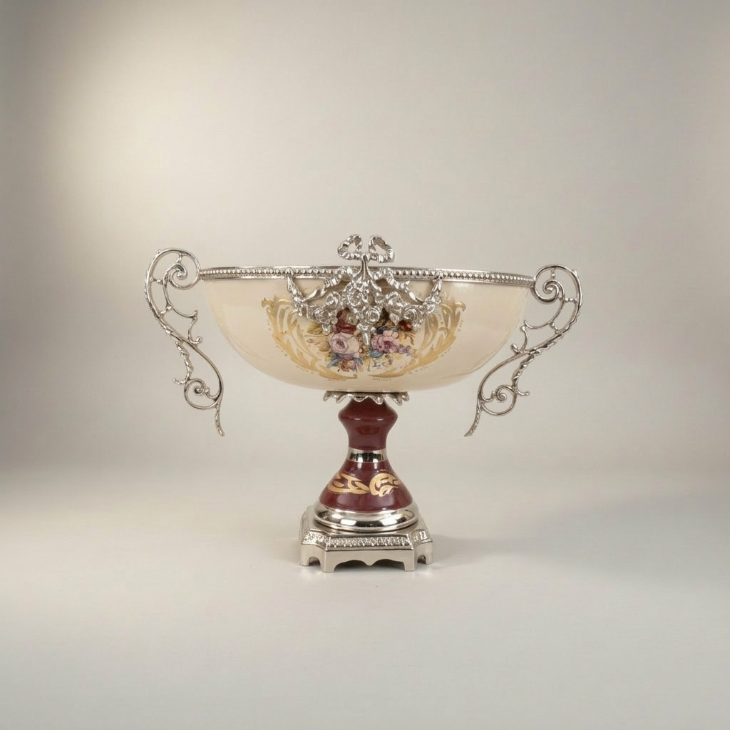 Rococo Ceramic & Brass 3-Piece Garniture Set — Hand-Painted Floral Urns & Centrepiece Bowl — Silver