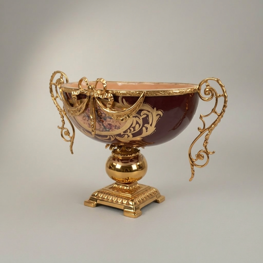 Rococo Ceramic & Brass 3-Piece Garniture Set — Burgundy Floral Urn Vases with Gilded Ormolu Mounts