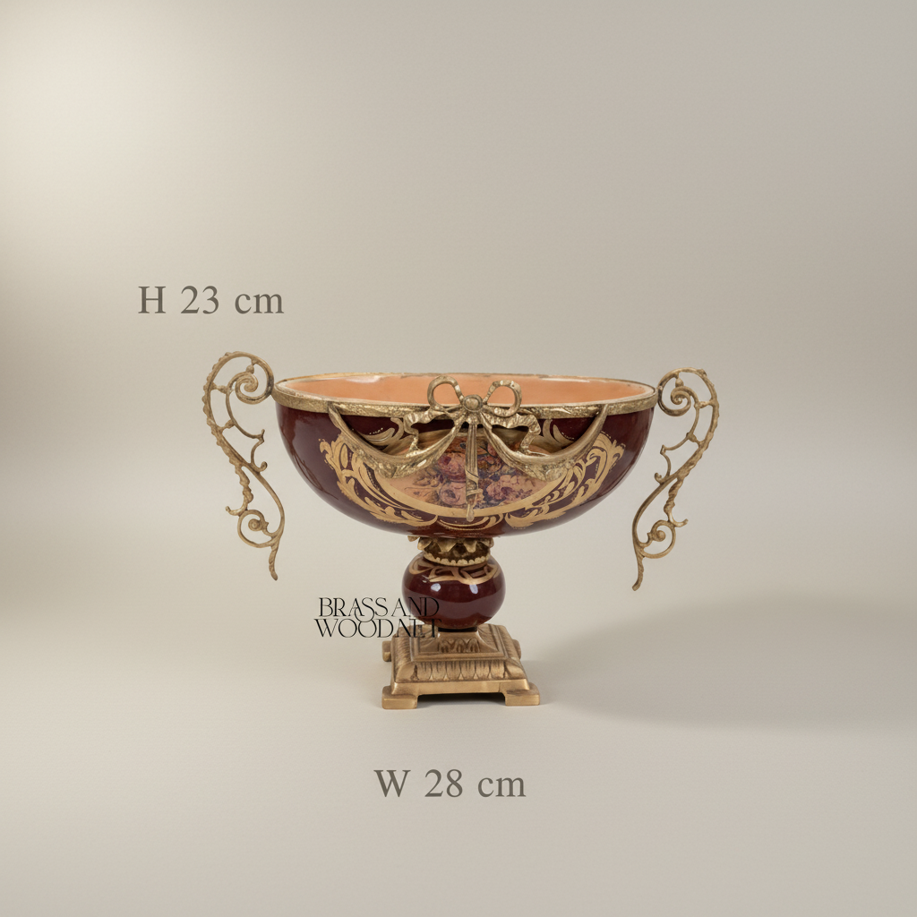 Rococo Ceramic & Brass 3-Piece Garniture Set — Burgundy Floral Urn Vases with Gilded Ormolu Mounts — Antique Gold