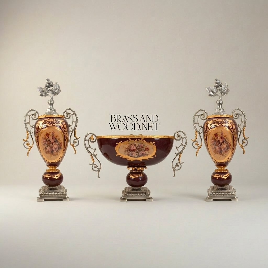 Rococo Ceramic & Brass 3-Piece Garniture Set — Burgundy Floral Urn Vases with Gilded Ormolu Mounts — Silver