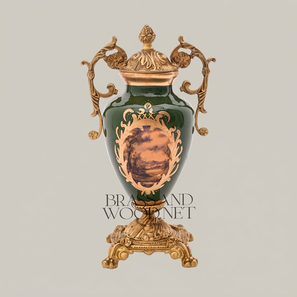 Rococo Ceramic & Brass Covered Urn Vase – Hunter Green with Landscape & Floral Cartouche — Antique Gold
