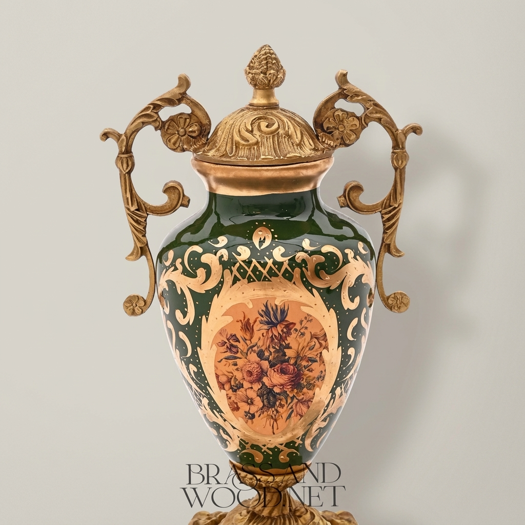 Rococo Ceramic & Brass Covered Urn Vase – Hunter Green with Landscape & Floral Cartouche — Antique Gold