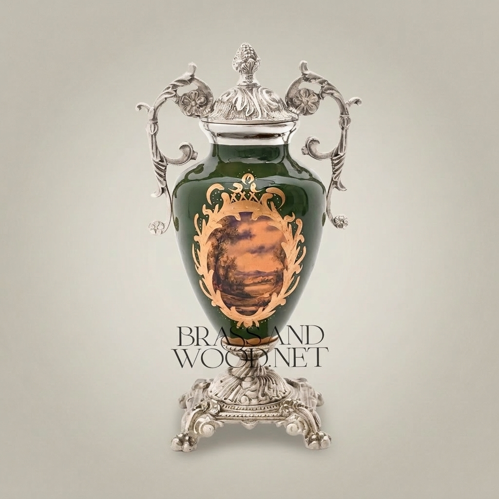 Rococo Ceramic & Brass Covered Urn Vase – Hunter Green with Landscape & Floral Cartouche — Silver