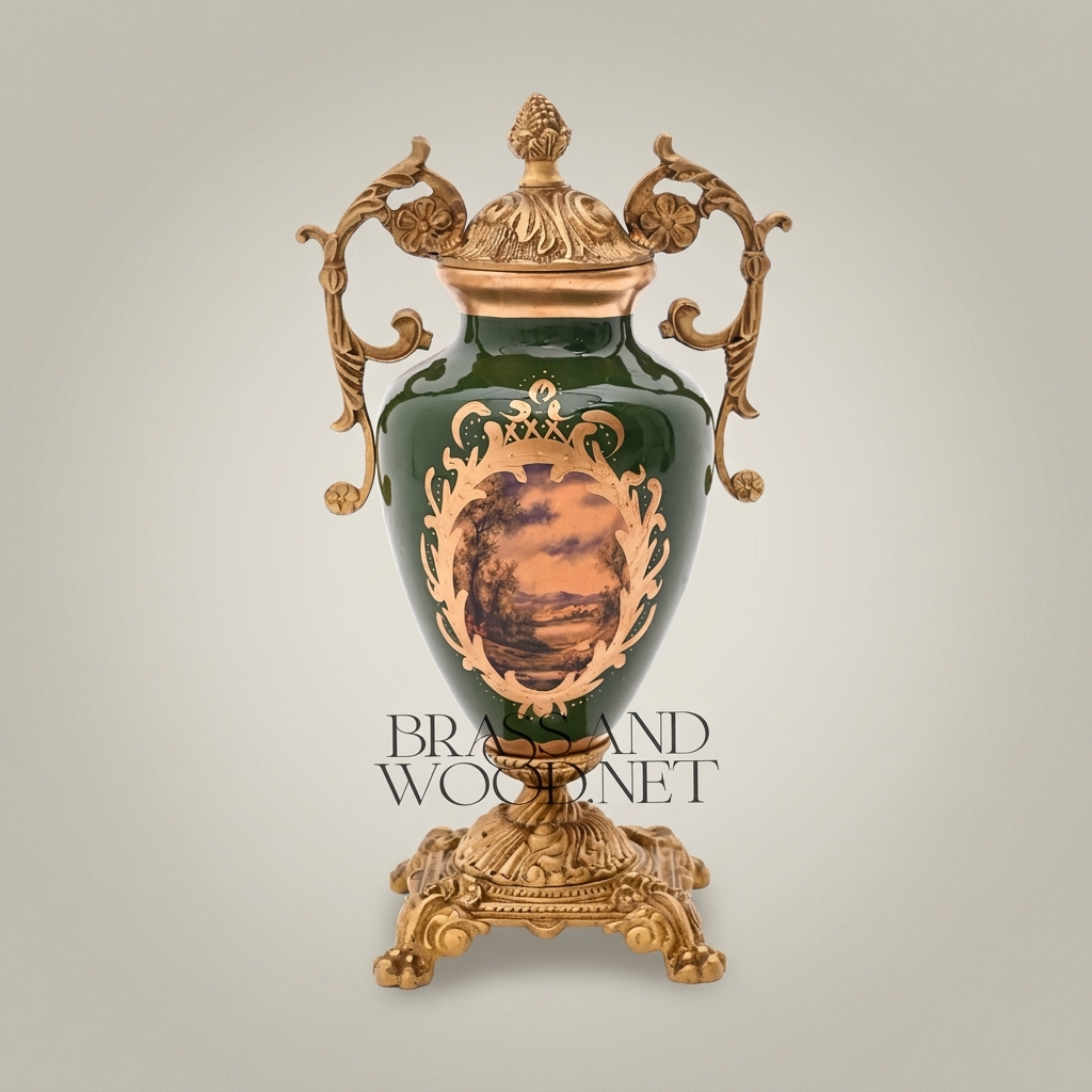 Rococo Ceramic & Brass Covered Urn Vase – Hunter Green with Landscape & Floral Cartouche — Antique Gold