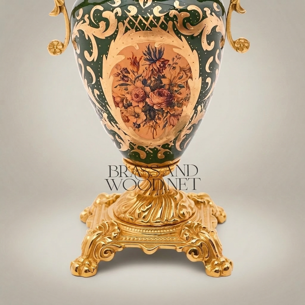 Rococo Ceramic & Brass Covered Urn Vase – Hunter Green with Landscape & Floral Cartouche — Gold