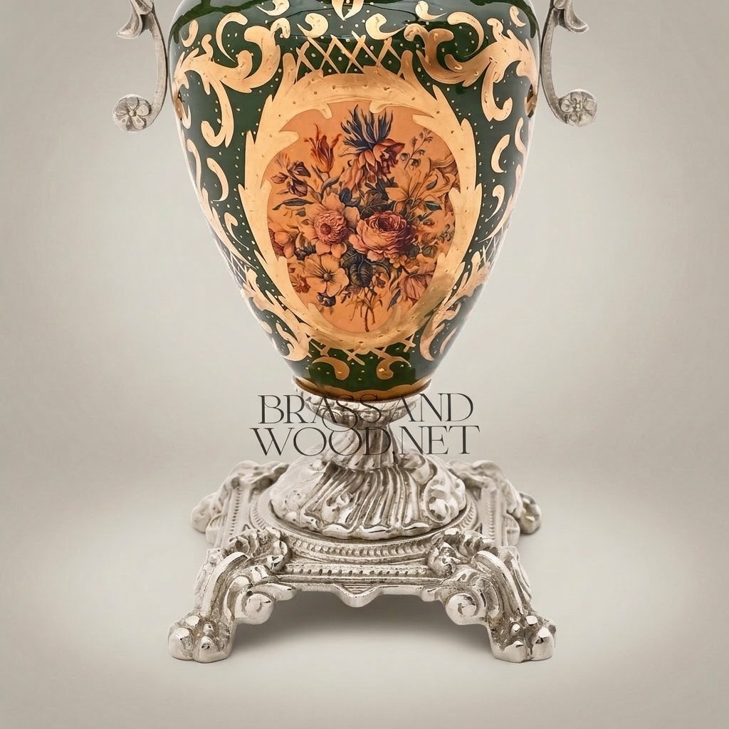 Rococo Ceramic & Brass Covered Urn Vase – Hunter Green with Landscape & Floral Cartouche — Silver