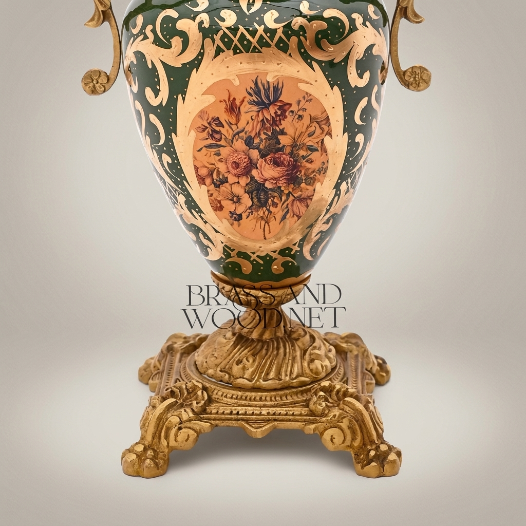 Rococo Ceramic & Brass Covered Urn Vase – Hunter Green with Landscape & Floral Cartouche — Antique Gold