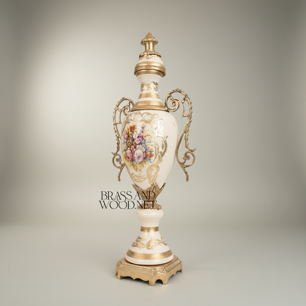 Rococo Hand-Painted Ceramic & Brass Garniture Set – Lidded Urns & Centrepiece Bowl with Floral Medallions — Antique Gold