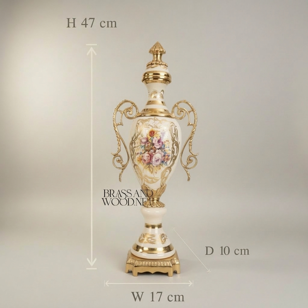 Rococo Hand-Painted Ceramic & Brass Garniture Set – Lidded Urns & Centrepiece Bowl with Floral Medallions