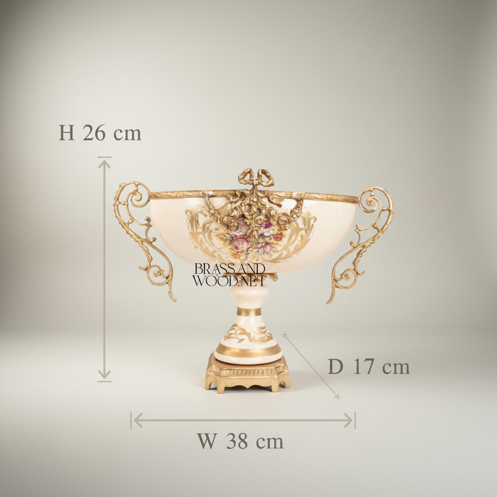 Rococo Hand-Painted Ceramic & Brass Garniture Set – Lidded Urns & Centrepiece Bowl with Floral Medallions — Antique Gold
